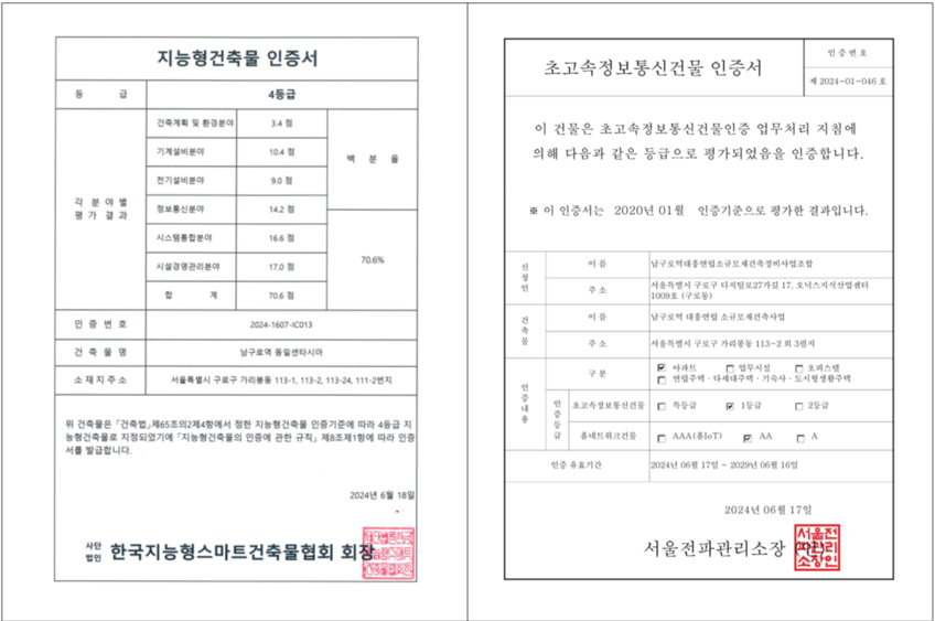 지능형건축물 인증서(좌) 및 초고속정보통신건물 인증서