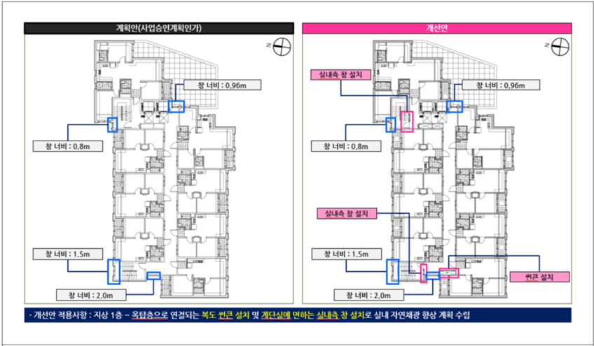 실내 빛환경 개선안 적용사항- 103동 계획안과 개선안 비교